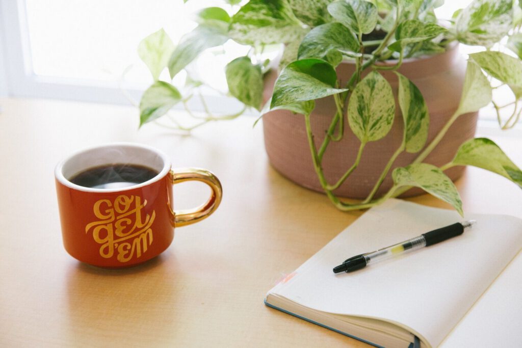 Notebook, pen and coffee for writing a birth plan